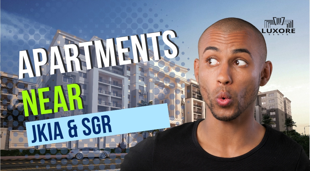 Furnished studio apartment near JKIA at Luxore Apartments with cozy bed and modern décor.